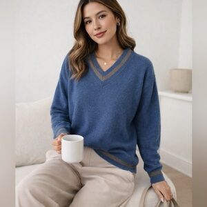 Jones New York V-Neck lambswool varsity Blue Sweater elbow patch size XL cozy